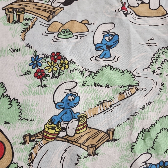Vintage 1980s "Smurf Village " Twin Flat Bed Sheet Fabric - Picture 10 of 12